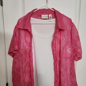Alfred Dunner Lace Button Down Shirt Short Sleeve Top Neon Pink